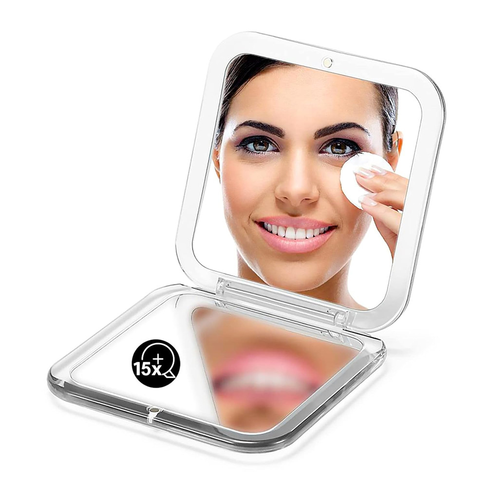 Folding Compact Mirror, 1X/15X Magnification 3½” Pocket Size Square Hand Mirror