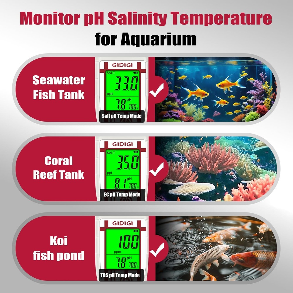 Aquarium Salinity pH Meter,Digital Pool Salt Tester,Simultaneously Display 5 ...