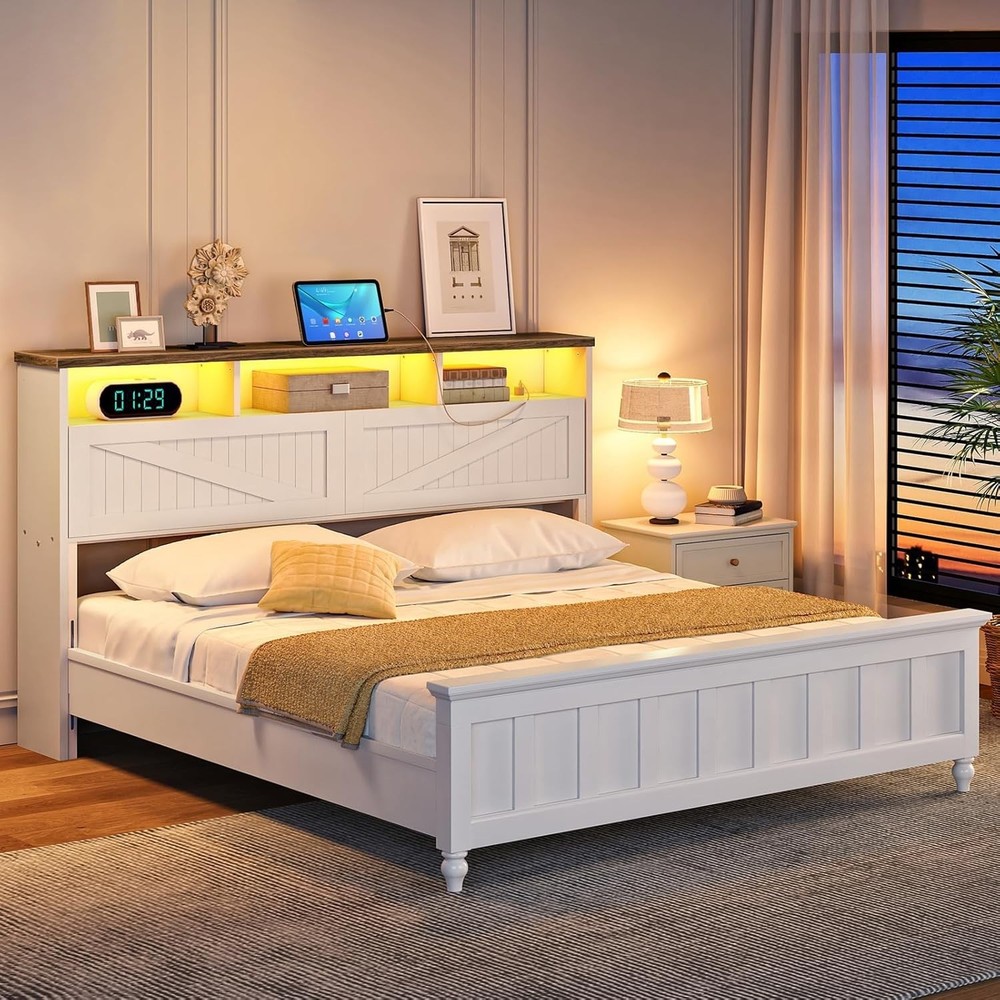 Queen Headboard with Flip-Down Hidden Storage Charging Station LED Lights