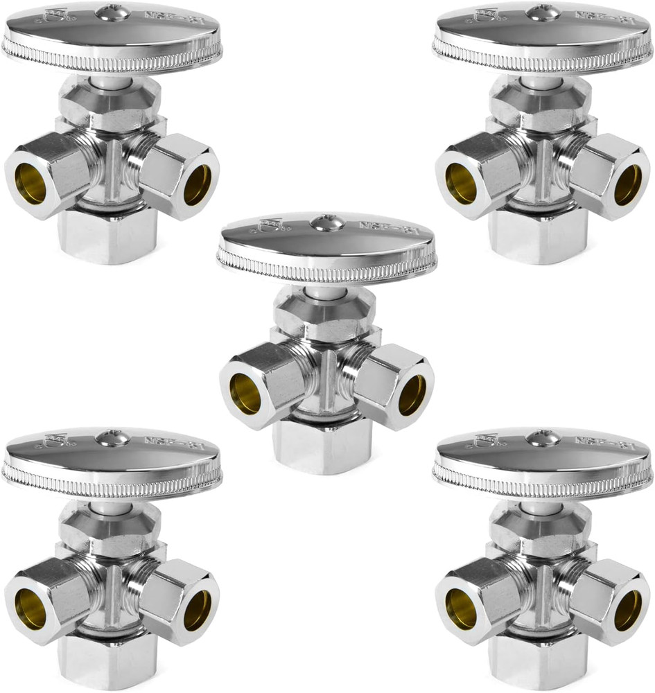 EFIELD Dual Compression Angle Stop Valve 1/2" NOM x 3/8" x 3/8" Chrome, 5 Pack