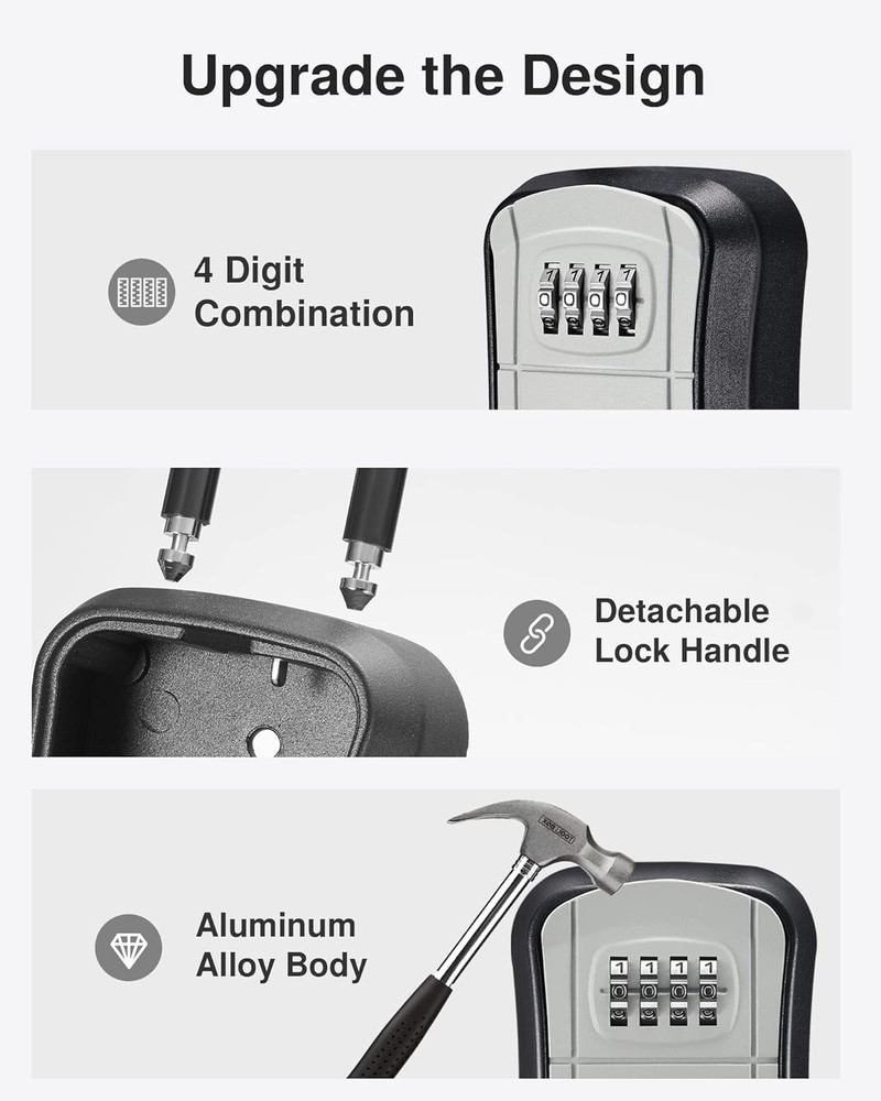 Portable Key Lock Box Wall Mounted Resettable Code for House Keys Gray