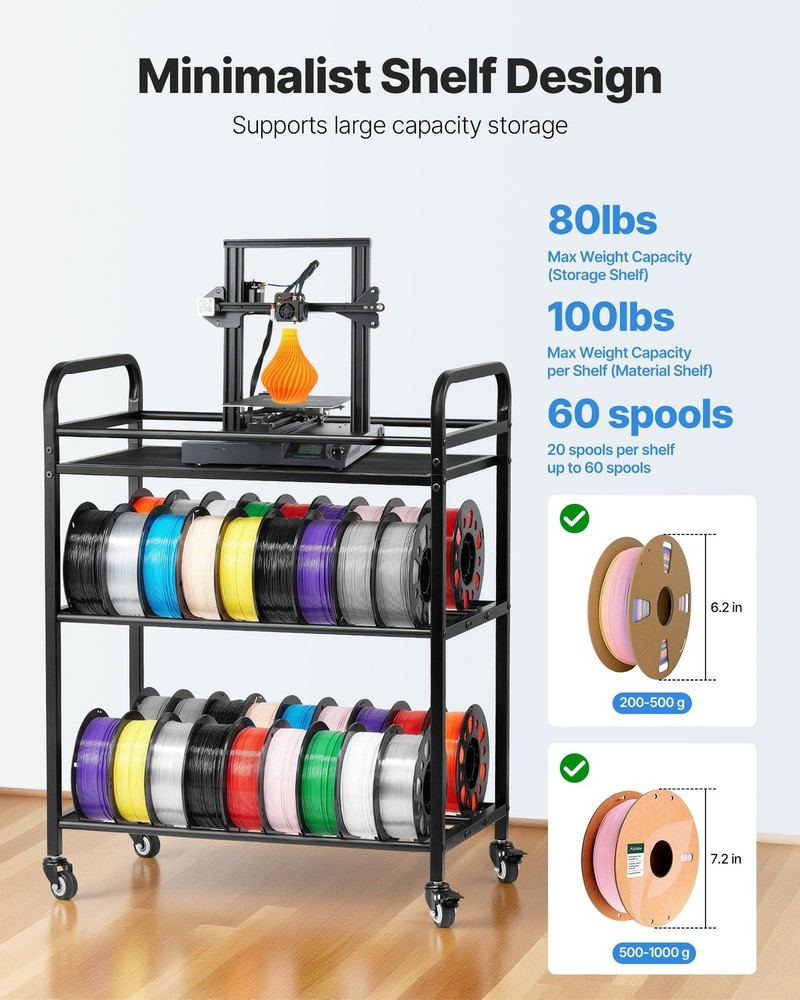 Ergonomic 3-Level Filament Rack 280lb Load Space Saving Rollable