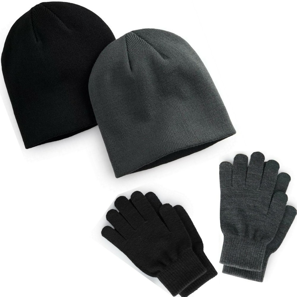 Men's Tek Gear 2-Pack Hats & 2-Pack Gloves Black Gray MSRP $40