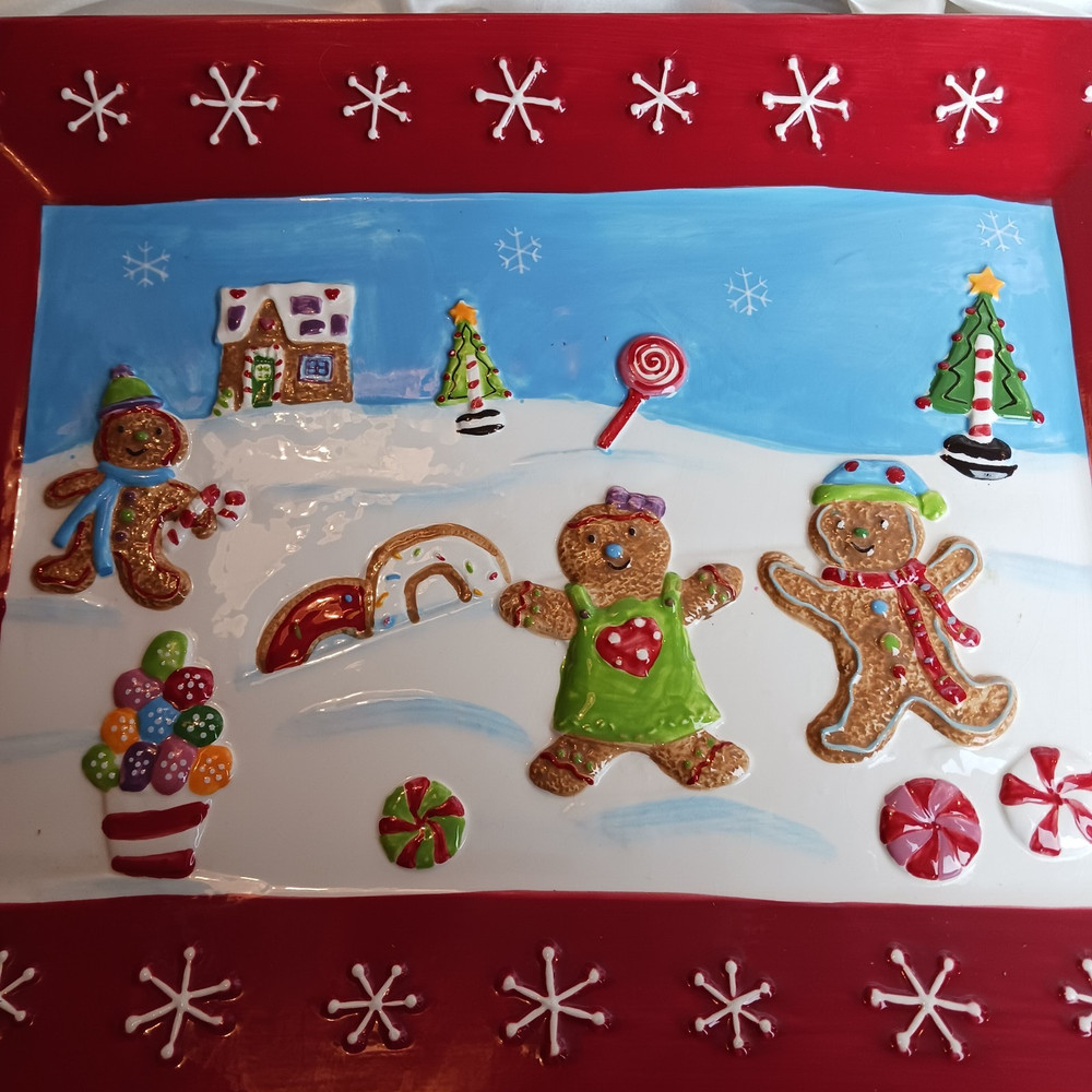 2009 ST. NICHOLAS SQUARE RECTANGULAR CERAMIC PLATTER-GINGERBREAD 16.5 X 12.5