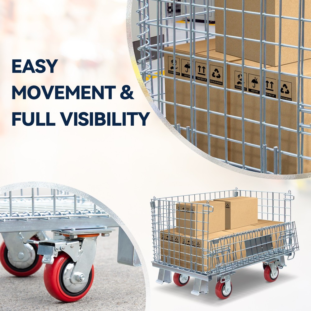 Heavy-Duty Collapsible Wire Mesh Container 1000LBS Load W/ Casters