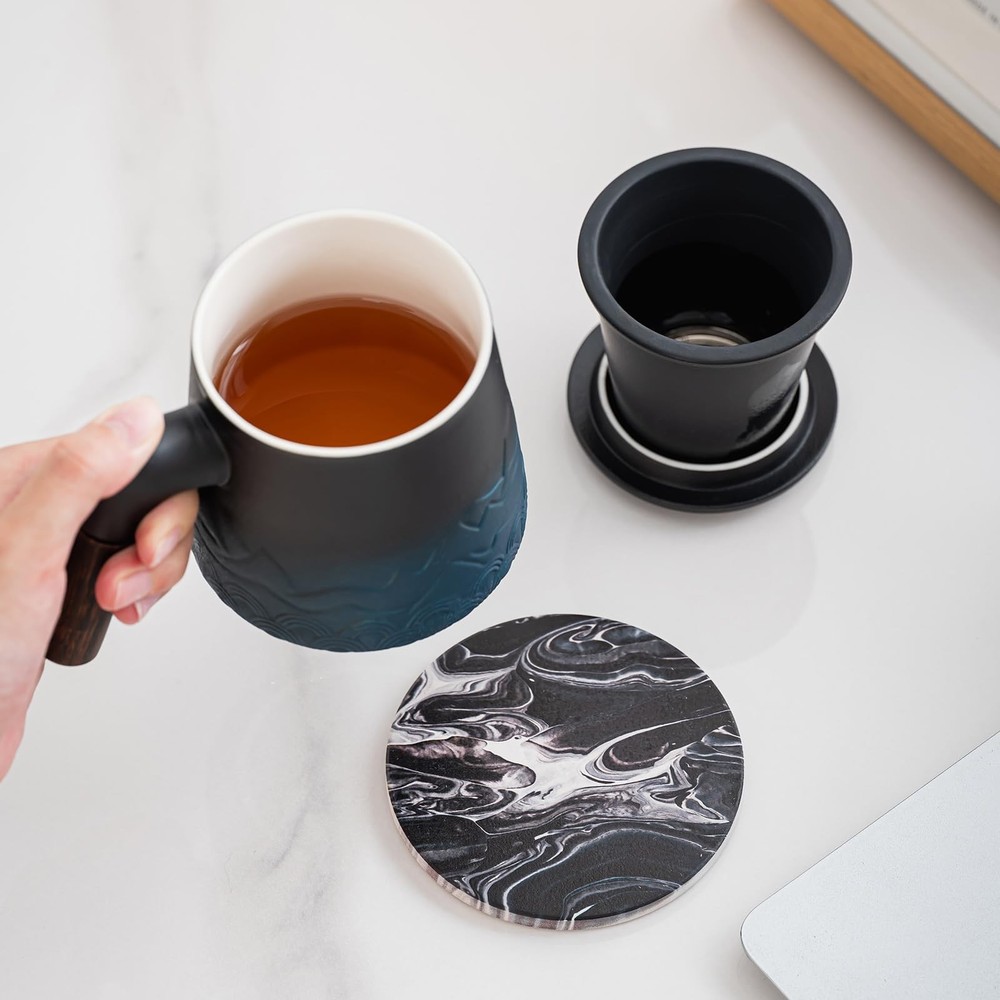 Ceramic Tea Cup With Infuser and Lid, 13.5oz Gradient Blue Strainer Mug for L...