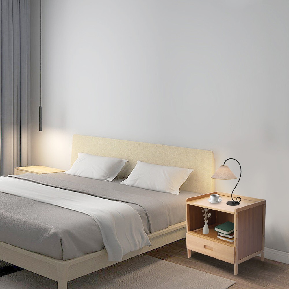 Bedroom Storage Organizer Side Table Bamboo Bedside Nightstand End Table+Drawer