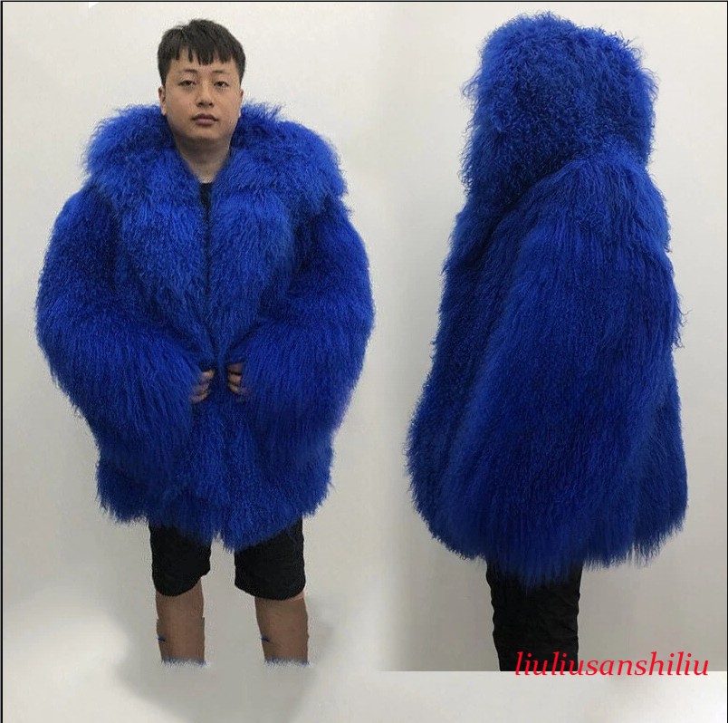 Customize Men's Real Mongolian Lamb Fur Coat Double-sided