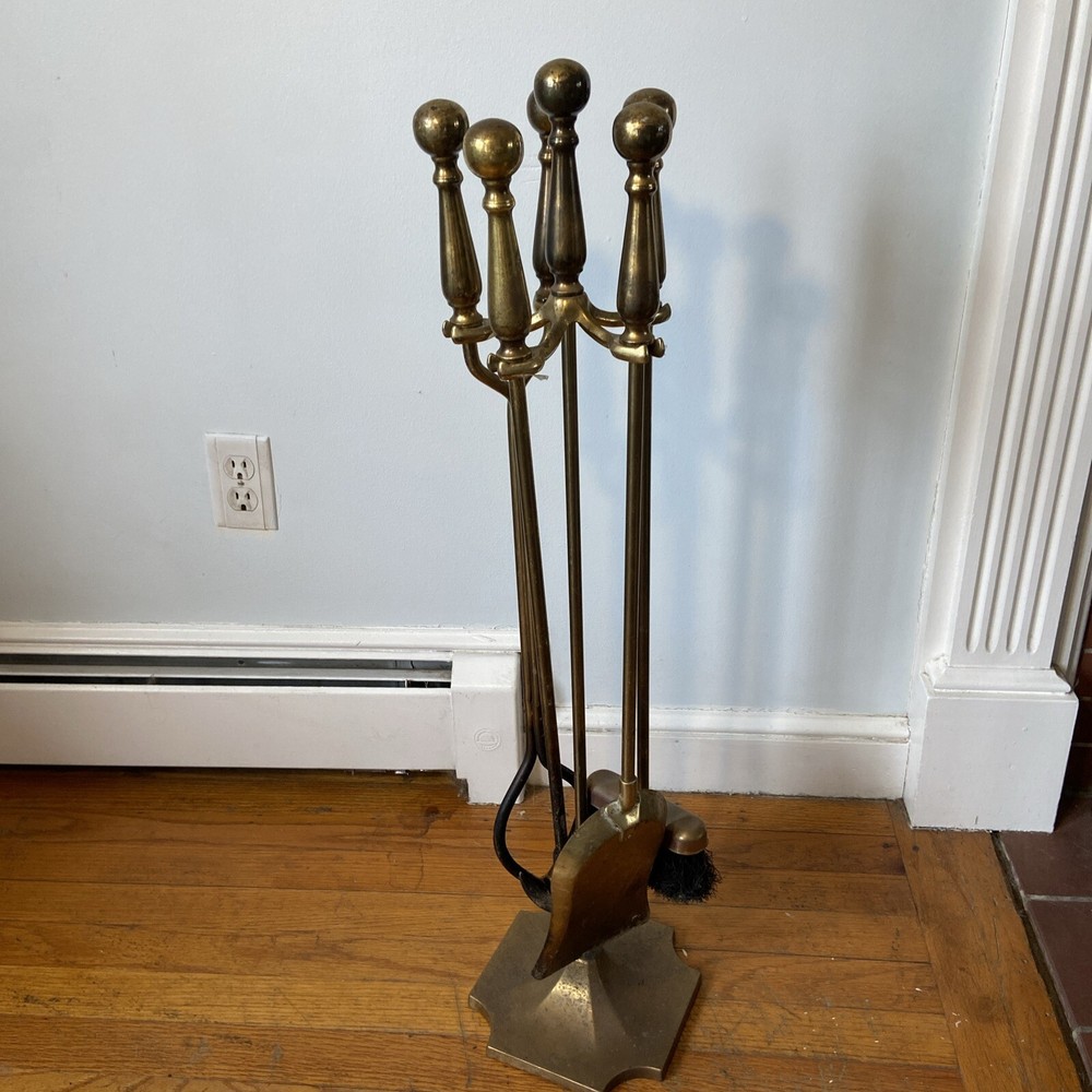 Antique Brass Fireplace Tools And 21” Brass Andirons