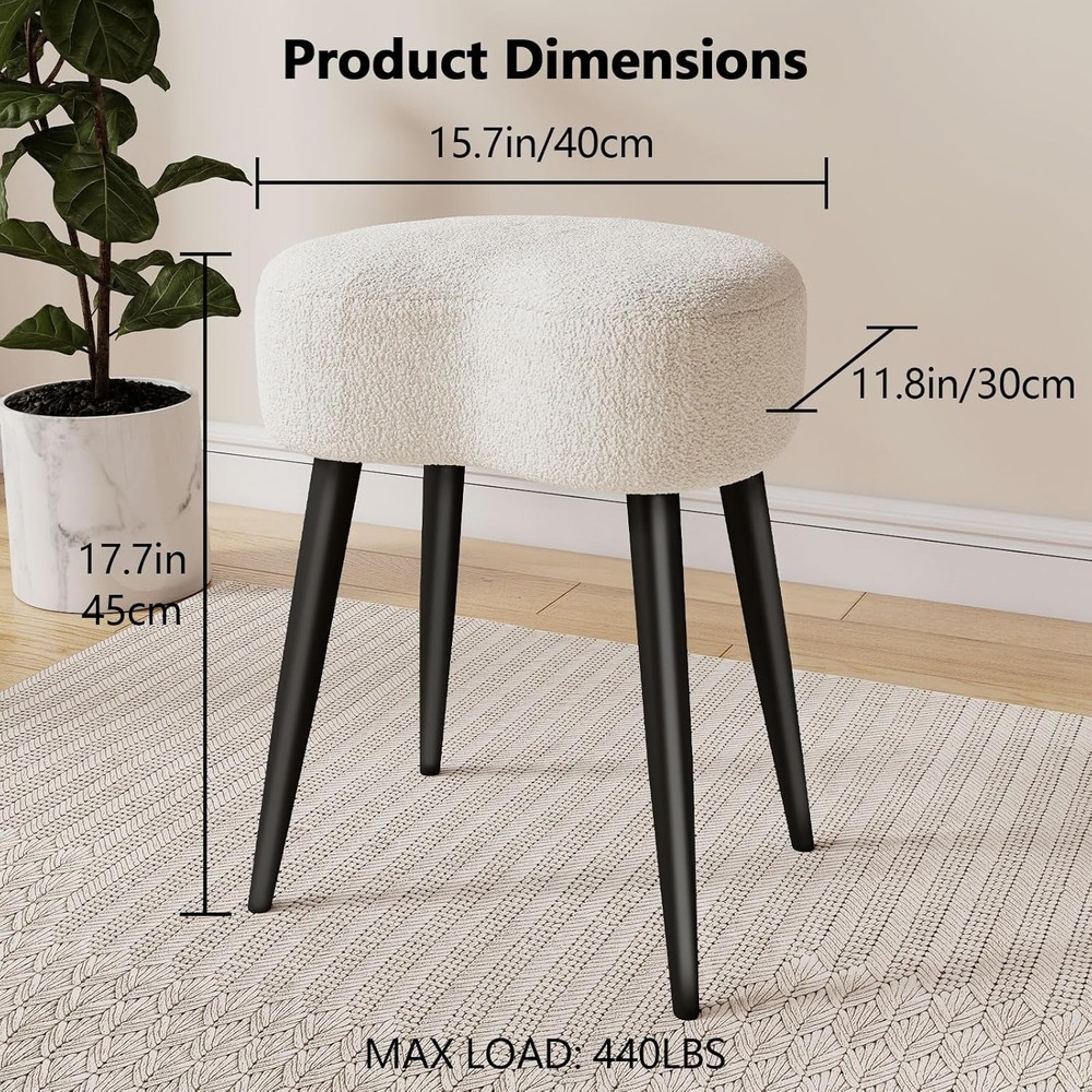 White Vanity Stool Soft Makeup Stool W/ Solid Metal Legs Vanity Corner Morden