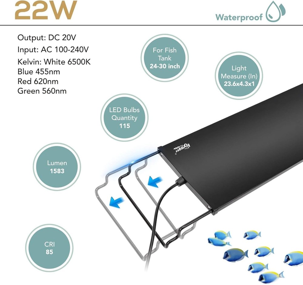 Energy Efficient 22W Waterproof Aquarium Light with Remote & Custom Modes
