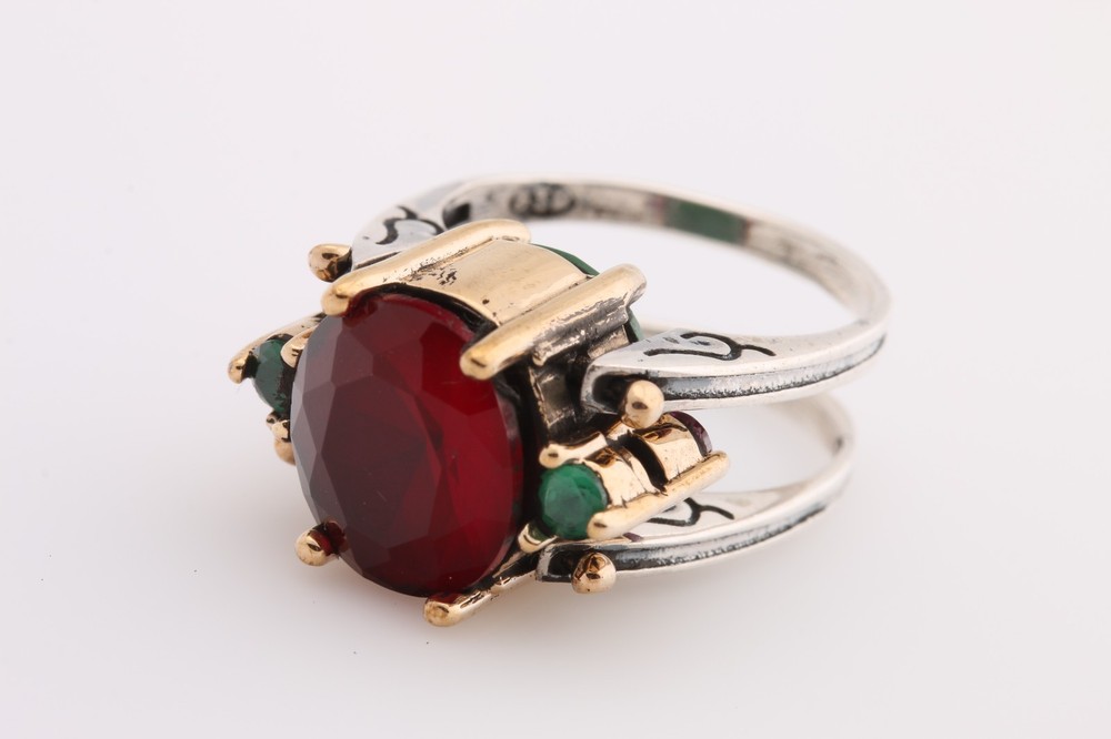 Turkish Jewelry Reversible Oval Emerald Ruby Jade 925 Sterling Silver Ring Size