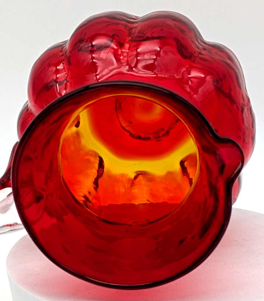 Hand Blown Ruby Red Art Glass Creamer Applied Clear Handle Melon Shape