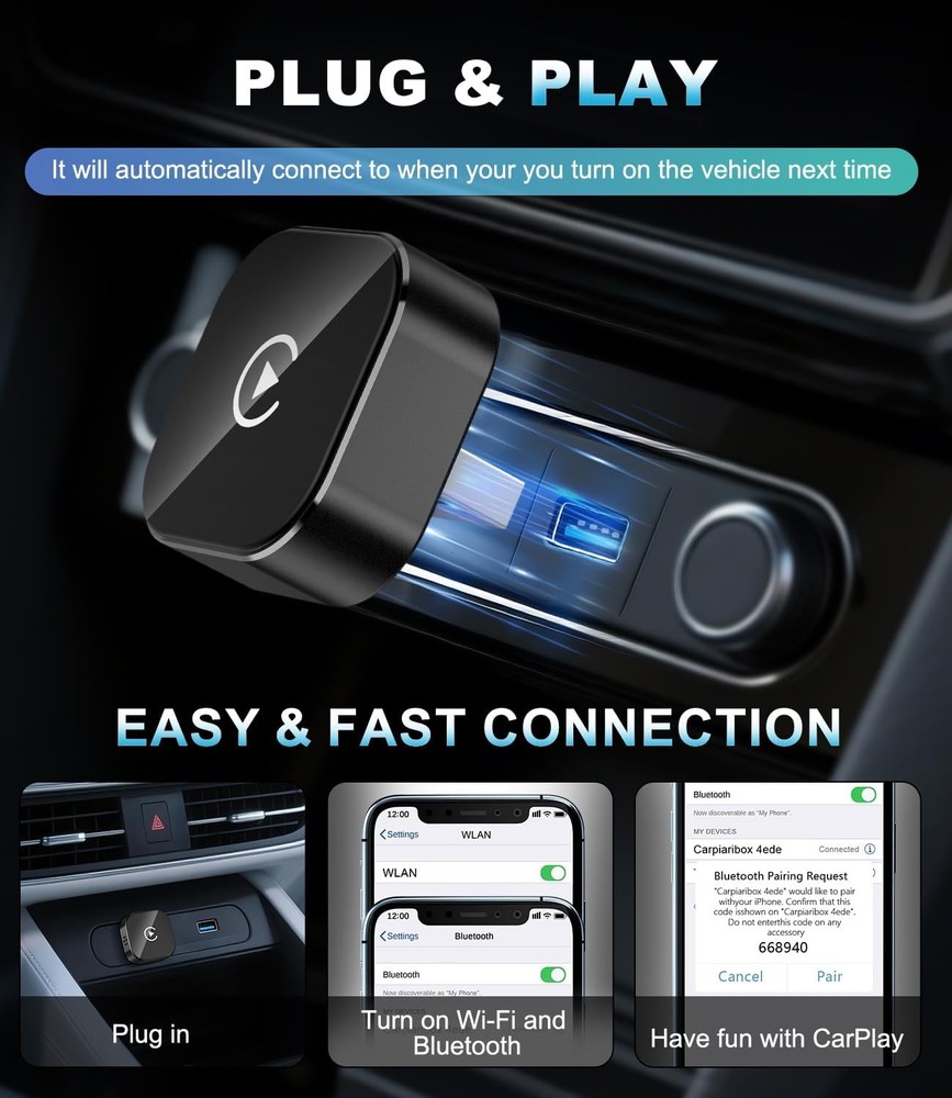 Wireless CarPlay Adapter & Android Auto Dongle, Fast Auto-Connect, Compact Plug