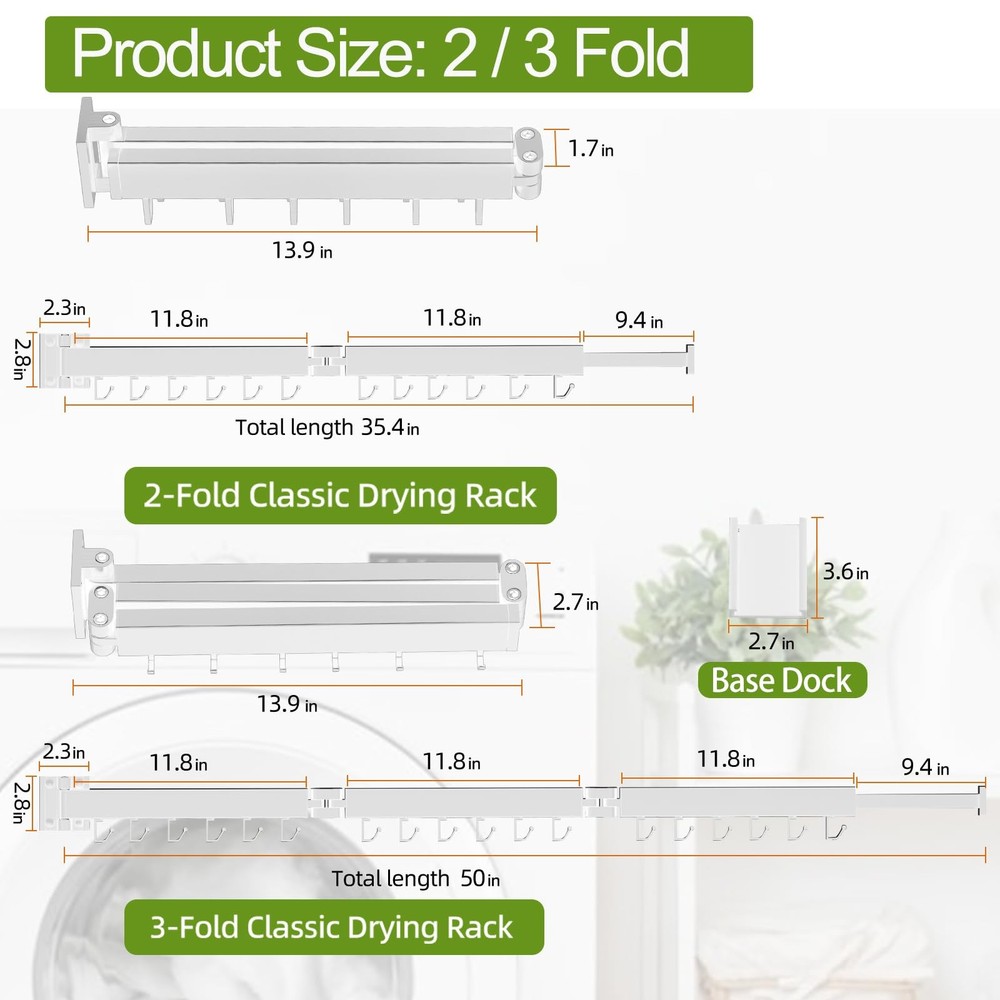 Kelisiting Retractable Clothes Drying Rack,3 Fold White Laundry Drying