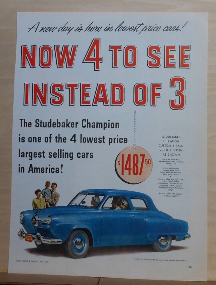 1950 magazine ad for Studebaker - blue Champion Custom 2 door Sedan