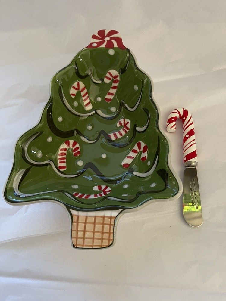 Boston Warehouse Dip Bowl & Spreader Set Candy Canes Christmas Tree