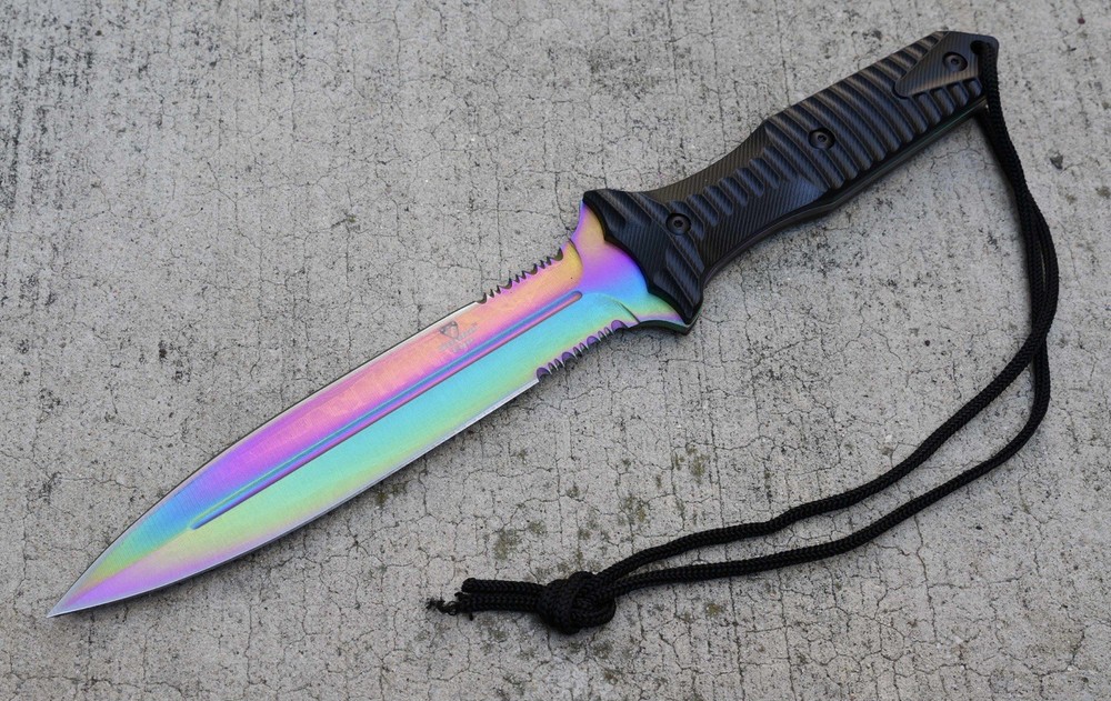 13” Fixed Blade Knife Rainbow Spear Double Edge Full Tang Sharp Spear Point