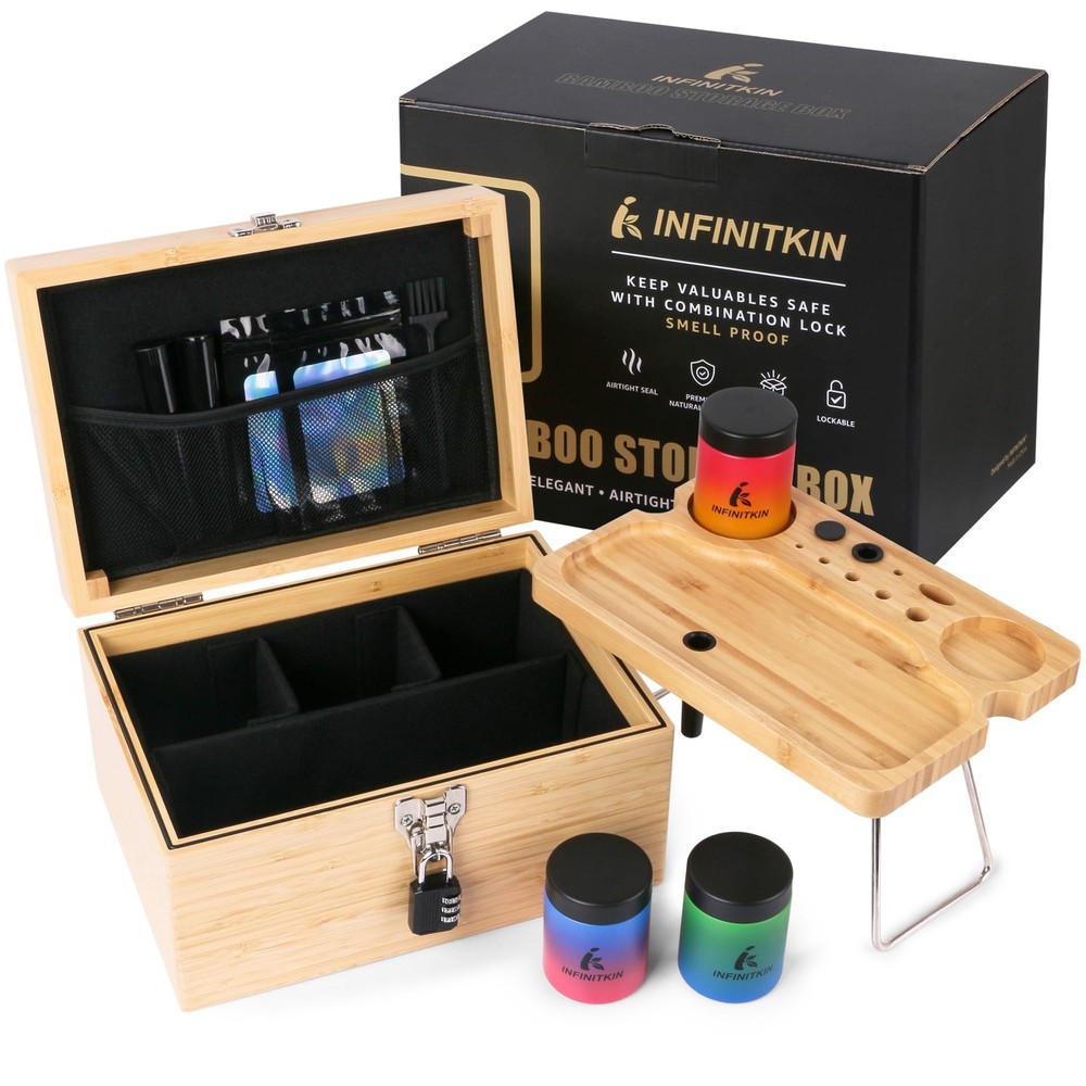 Large Storage with Combination Lock, Foldable Tray & Gradient Glass Jar Woode...