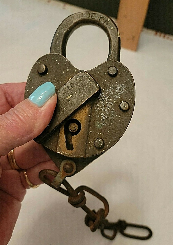 ANTIQUE BRASS HEART SHAPED LOCK DE CO. ENGRAVED