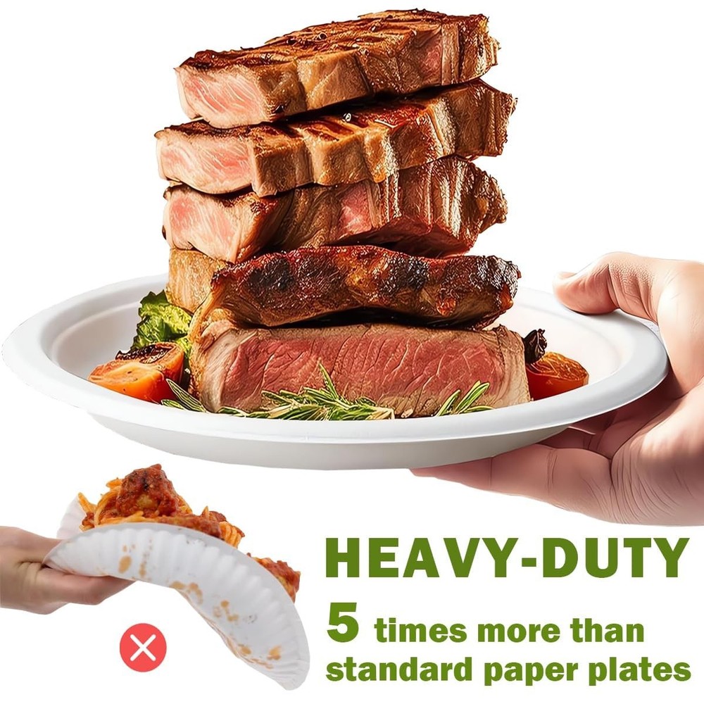 Drihara 9" Disposable Plates, Heavy Duty, 150-Pack, Leak-Proof, 100% Compostable