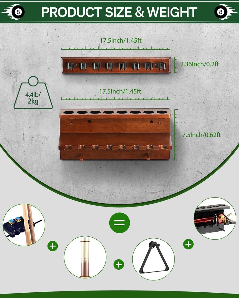 EXTCCT Wall Mount Pool Stick Holder - Billiards Cue Rack 8, Brown