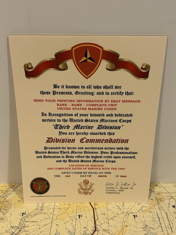 U.S.M.C. / THIRD MARINE DIVISION ~ DIVISION COMMENDATION REPLACEMENT CERTIFICATE