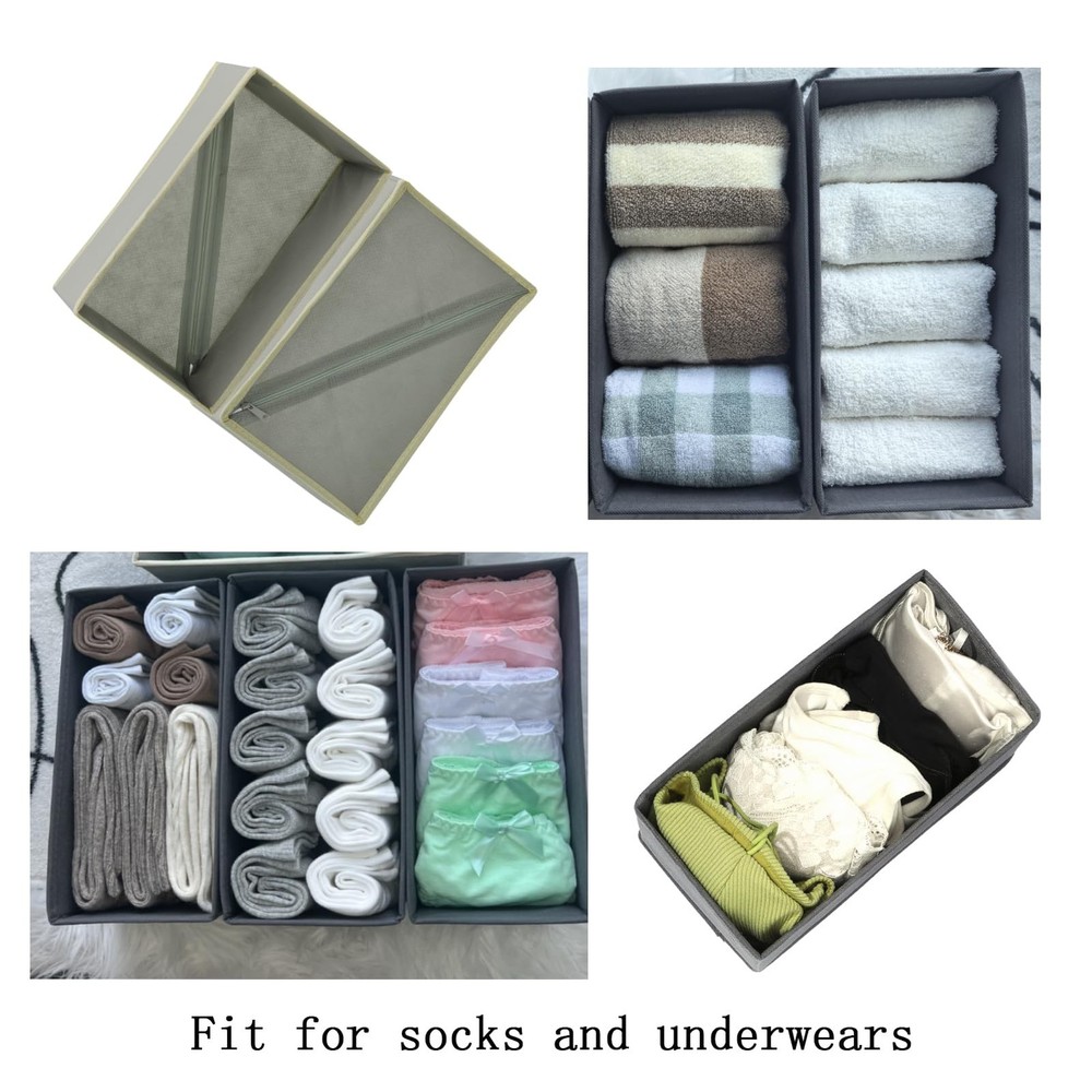 Bructhun Sock Drawer Organizer 3 Pack - Foldable Fabric Storage Light Gray