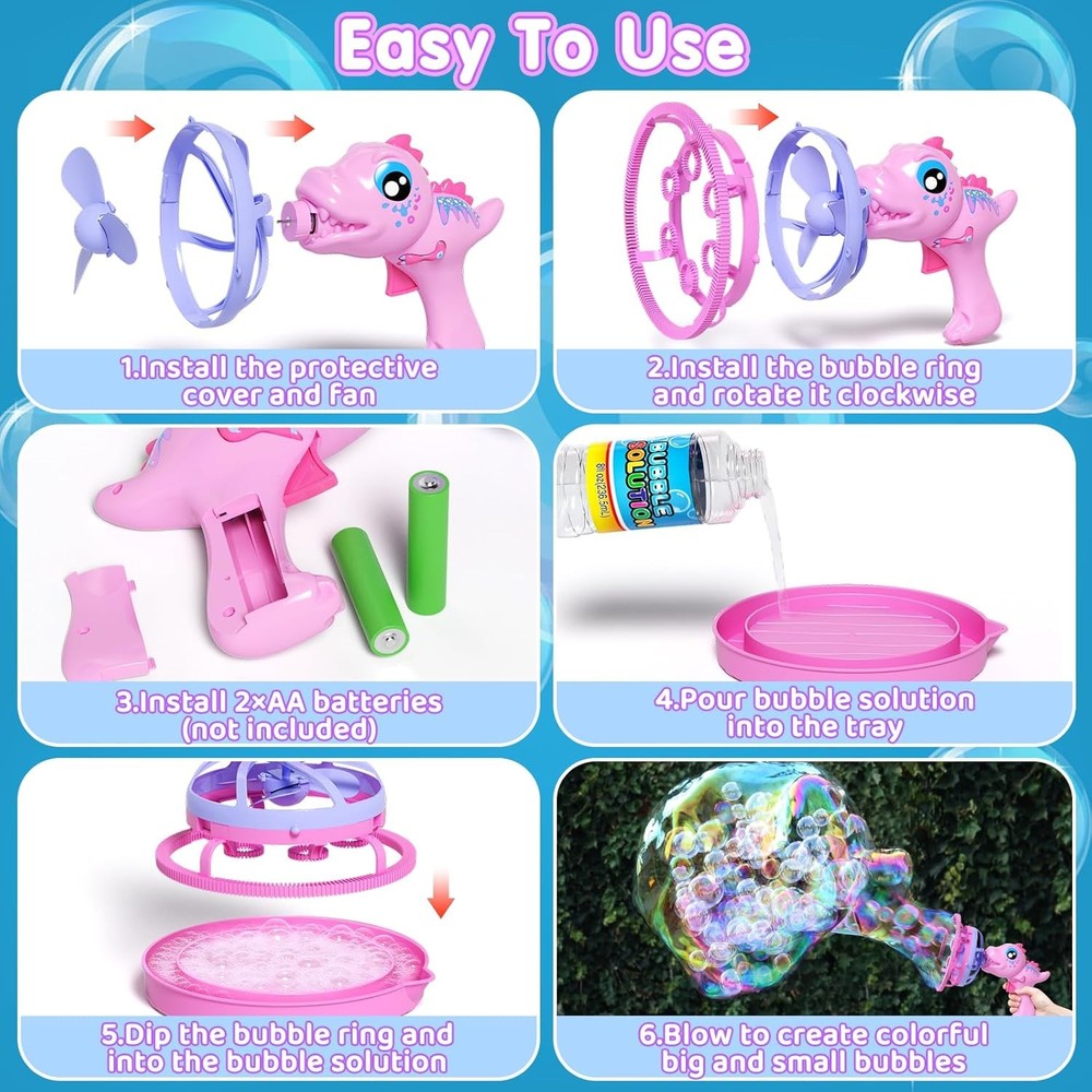 Dinosaur Bubble Gun for Kids - Bubble Machine with Bubble in Bubble, 1000+ Bubbl
