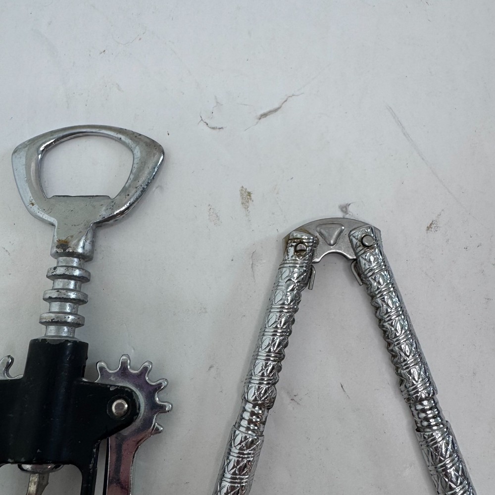 Vintage Corkscrew And Nutcracker Bar Tool Set Chrome Metal Wine Accessory Opener