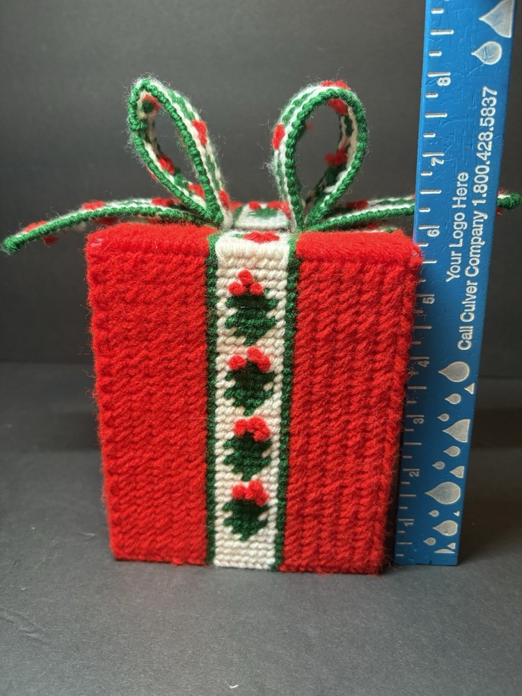 Vintage Needlepoint Plastic Canvas Christmas Present Square Tissue Box Cover
