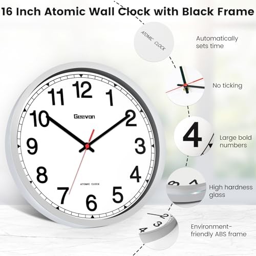 Atomic Wall Clock - Self-Setting Analog Clock with Automatic 16 Inch Silver