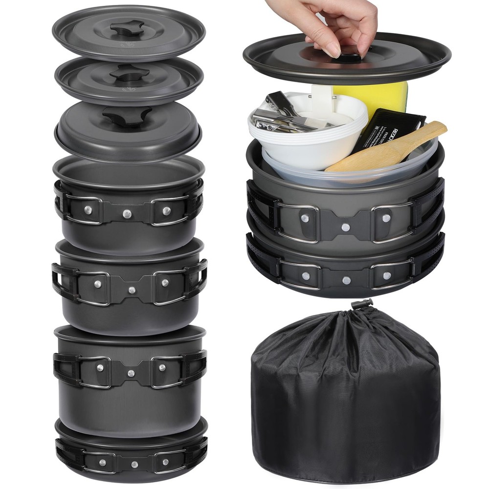 19 PCS Camping Cookware Set Mess Kit Lightweight Stackable Pot Pan Utensils