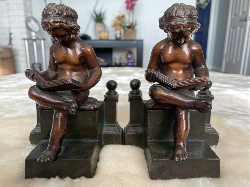 Cherub Reading Heavy Base Bronze? Clad Metal Bookends