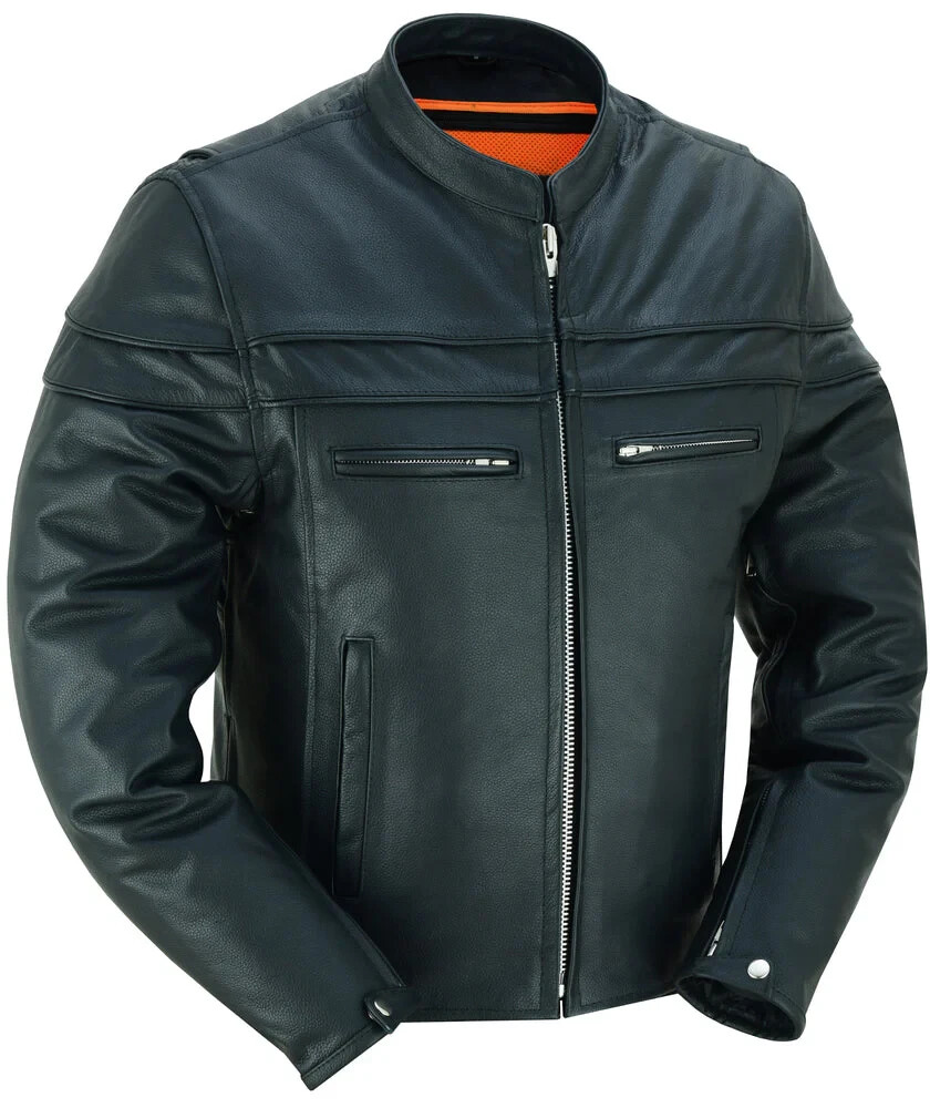Men's Leather Jacket Real Cowhide Leather Motorcycle Jacket 2 concealed pockets