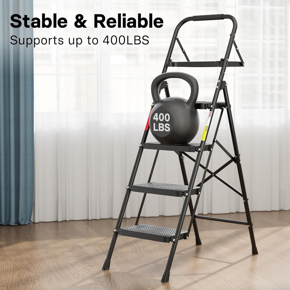 Lightweight 400lb Capacity 4-Step Folding Ladder with Tool Tray for Home Use