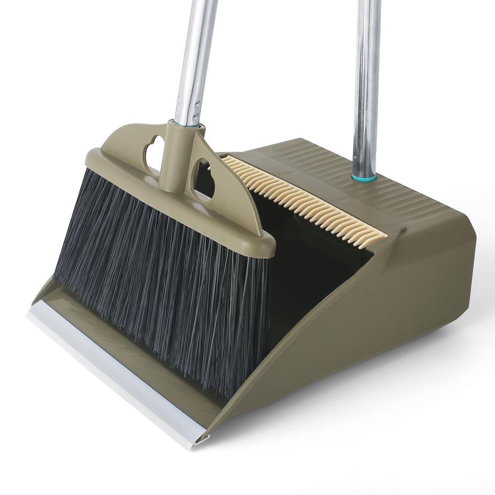 Upgrade Broom with Dustpan Combo Set,48'' Long Handle Stiff Green