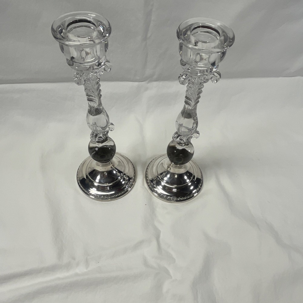 Reed & Barton Sterling Silver Glass Candlesticks Pair Post-1940
