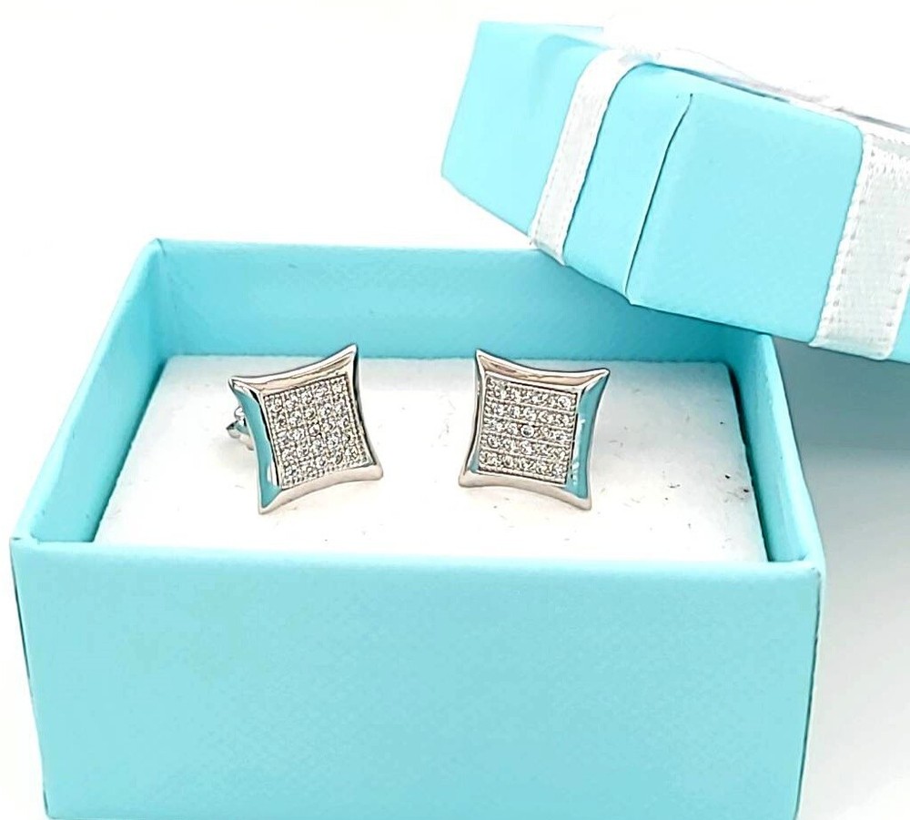 White Zircons 10mm Pave Set Screw Back Stud Earring .925 Sterling Silver