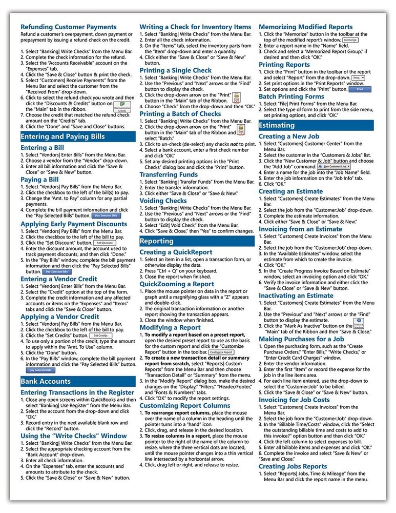 QuickBooks Pro 2015 Training Guide Quick Reference Card 4 Page Cheat Sheet