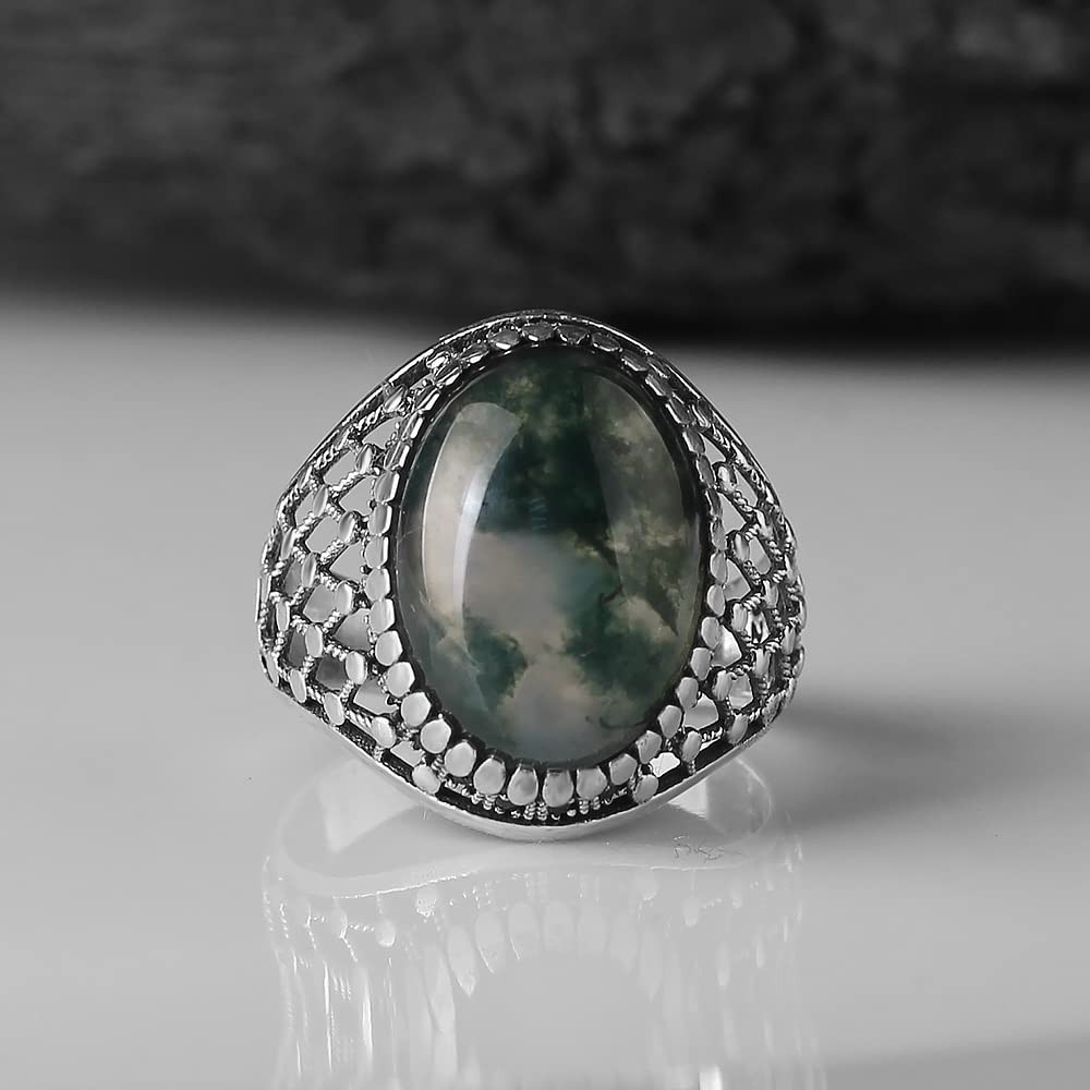 Moss Agate Men's Silver Ring, Handmade Moss Agate Stone Silver Ring for Men,