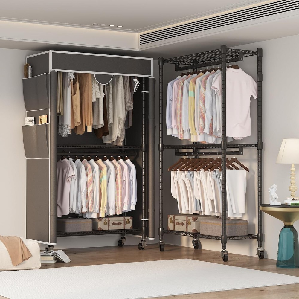 Rolling Garment Rack w/Oxford Fabric & Convenient Side Pockets & Secure Strap#