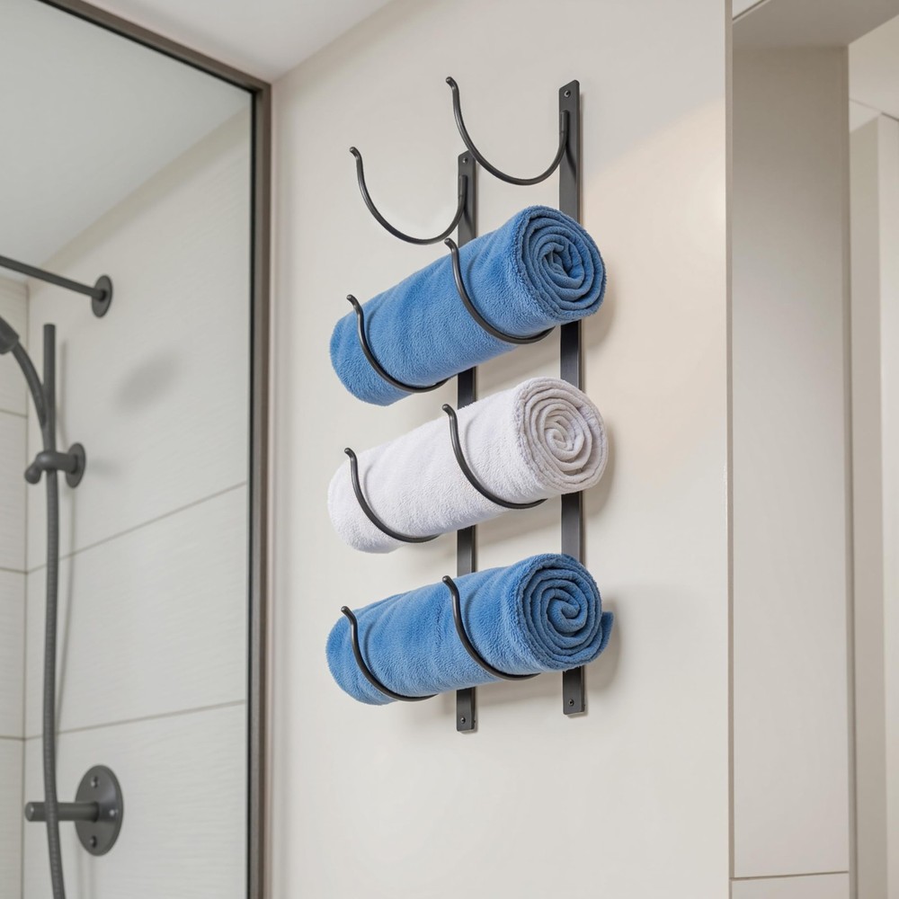 Bathroom Rolled Towel Rack: 4-Tier Wall Mounted Storage 4-tier, Black