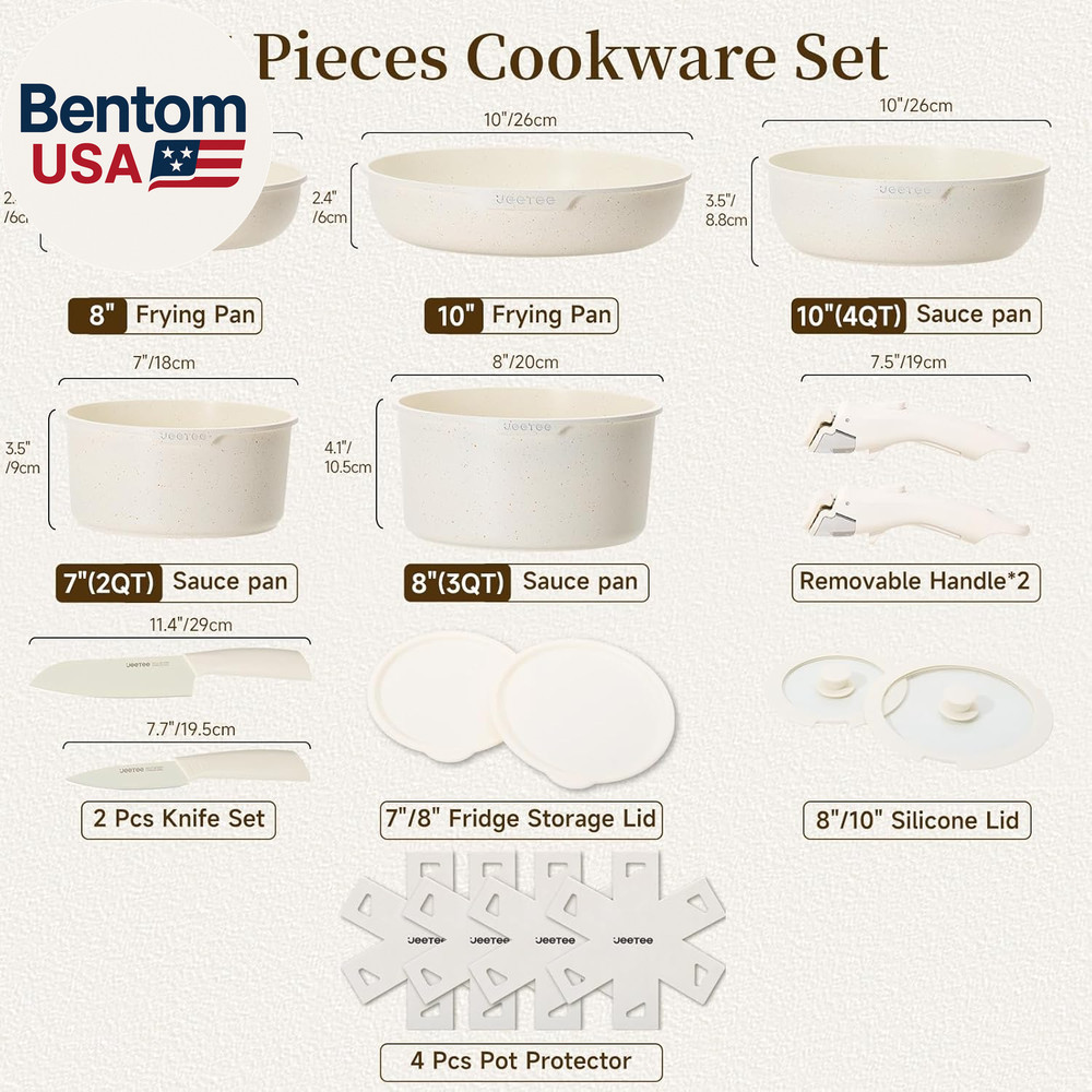 Pots and Pans Set Non Stick 17Pcs, Kitchen Cookware Sets with Detachable Handle,