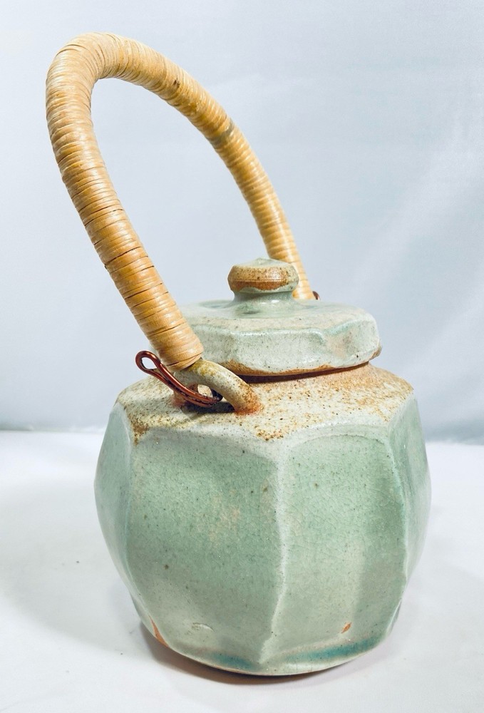 Studio Pottery Celadon Teapot Small Ceramic Rattan Wrapped Handle