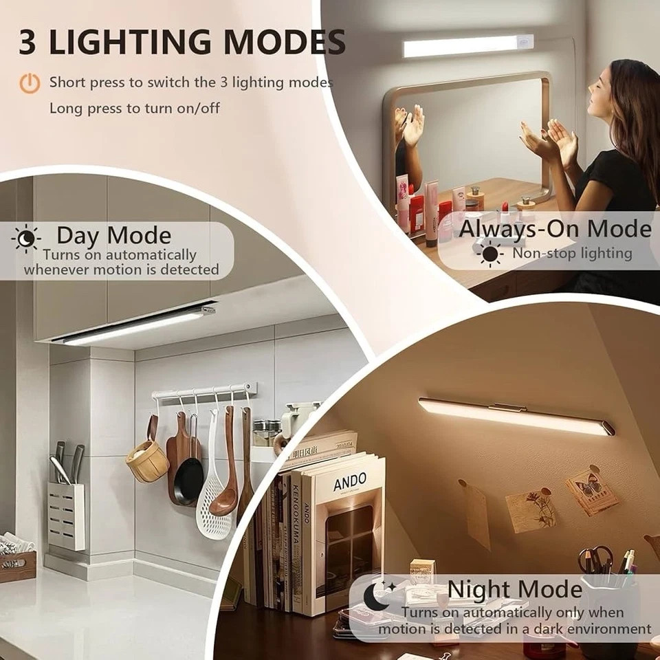 2-12 Pack LED Under Cabinet Lights, Rechargeable Motion Sensor, 3 Color Dimmable