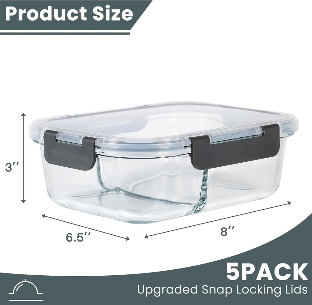 5-Pack,36 Oz Glass Meal Prep Containers 2 Compartments Portion