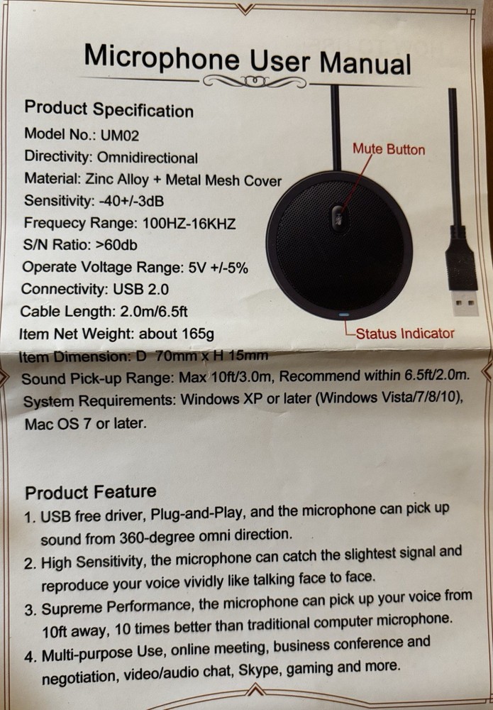 USB Omnidirectional Conference Microphone Plug & Play Upgraded