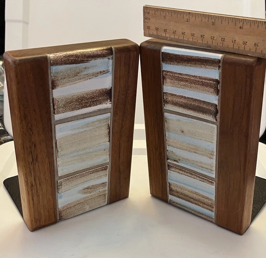 Gordon Jane Martz For Marshall Studios Ceramic Tile Walnut Bookends MCM 1960s