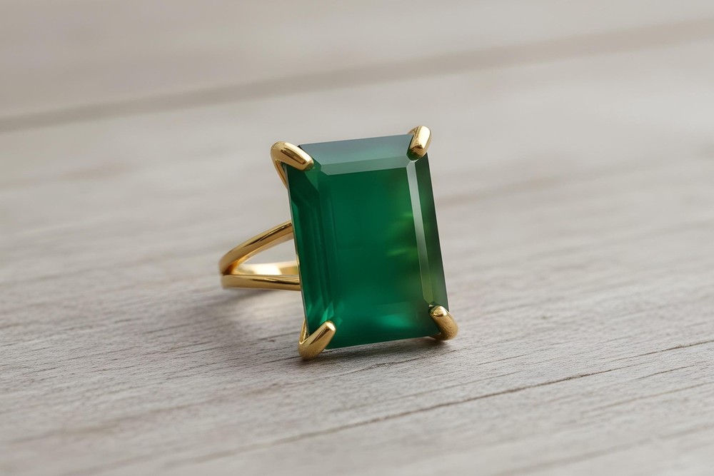 Green Onyx Ring Anemone Jewelry Silver Rectangle Long Statement Ring